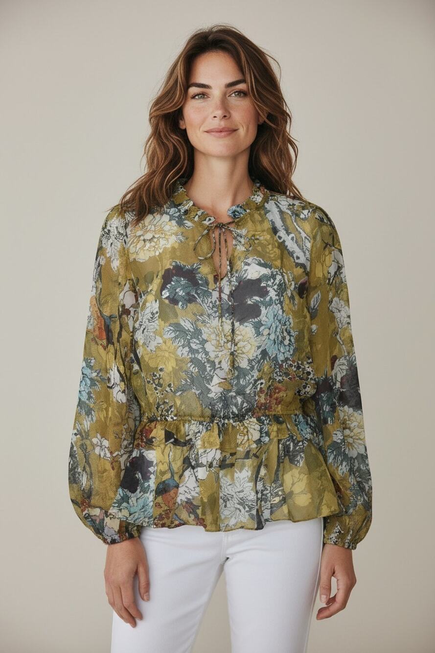 A6 NWOT HEMANT & NANDITA Keystone Silk Floral Yellow/Green Peplum Blouse Size S